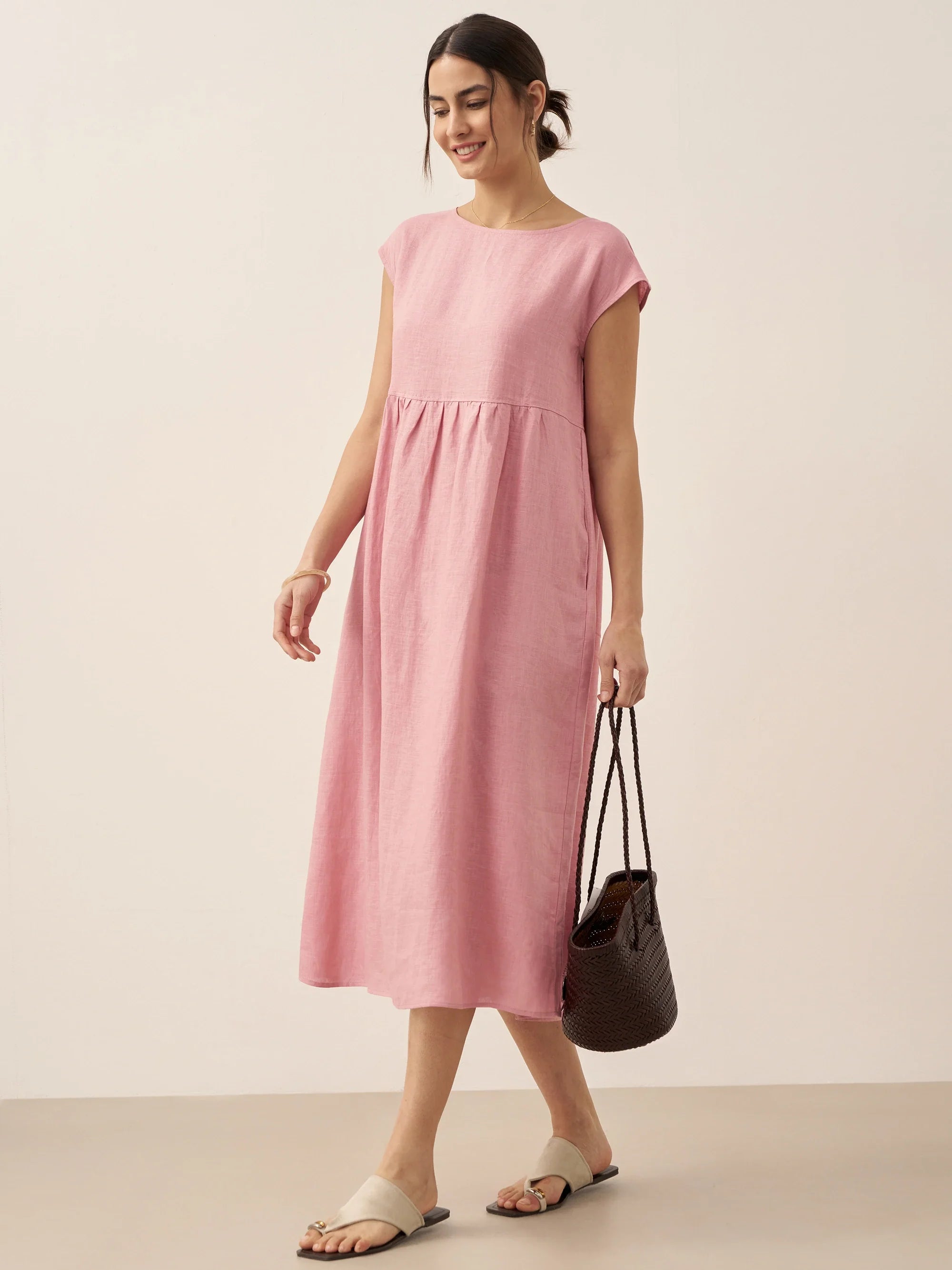 Linen Striped Cap Sleeve Washed Midi Dress JOAN
