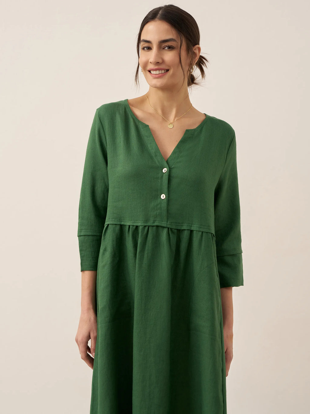 100% Linen Loose Fit Button Waist Gathered Midi Dress LUNA