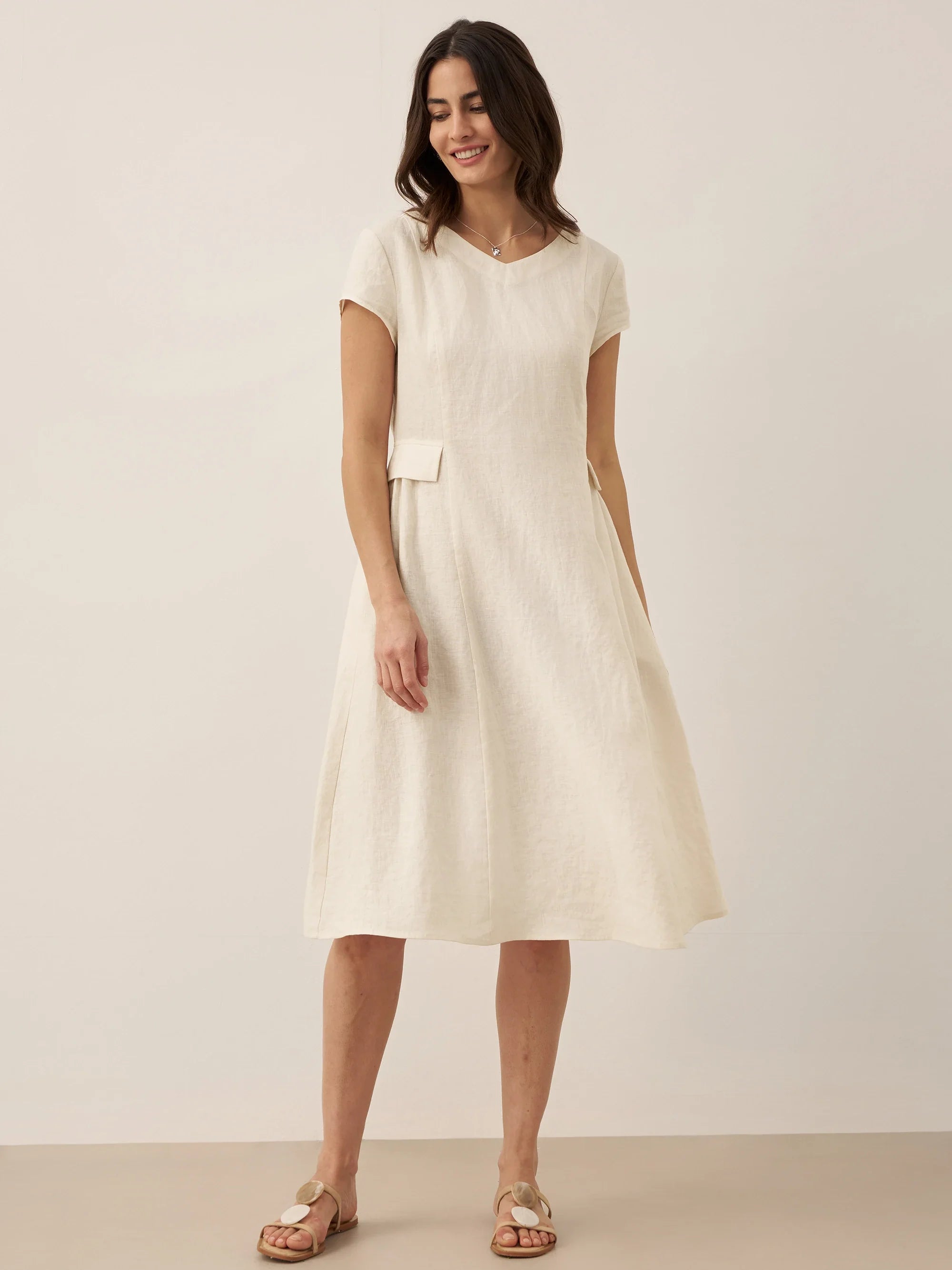 100% Linen Natural Summer V-Neck Dress ALEXA