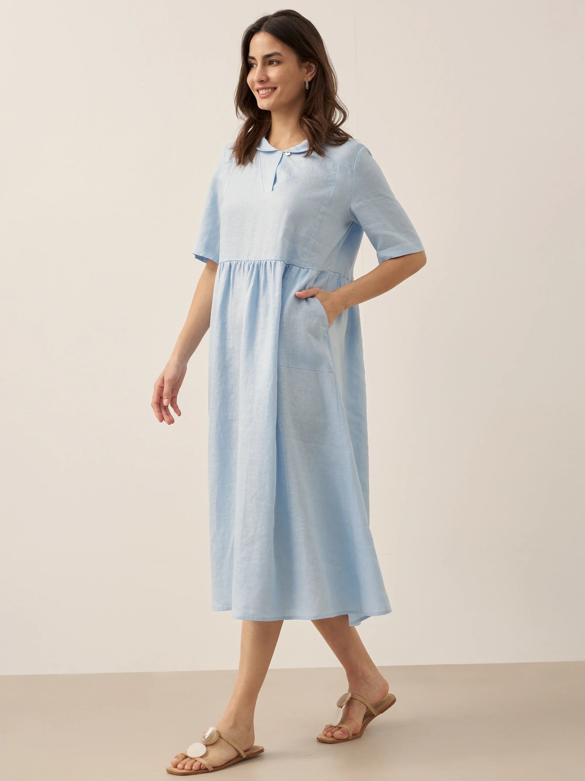 100% Linen Shawl V-Neck Pleated Midi Dress SUSAN
