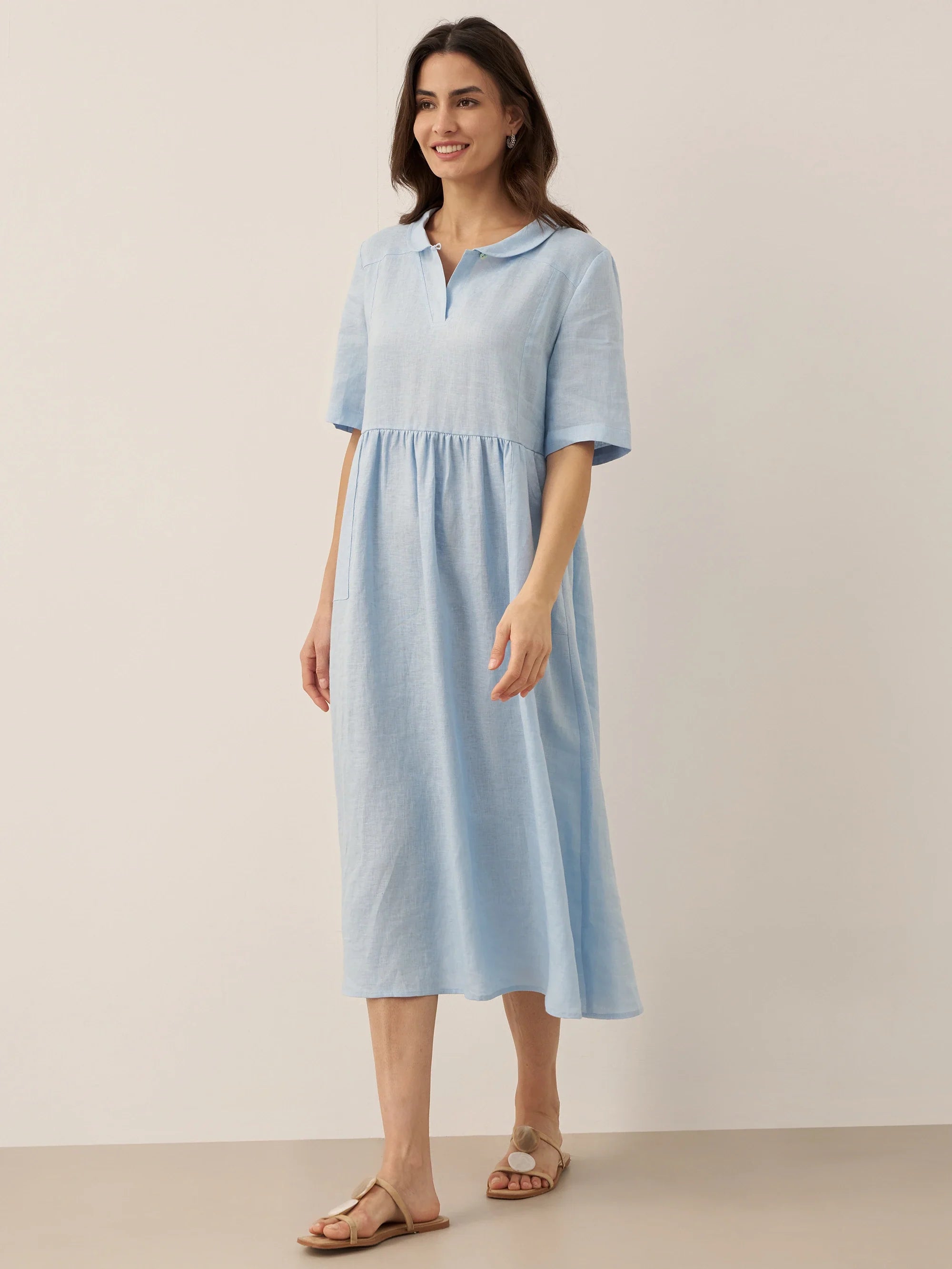 100% Linen Shawl V-Neck Pleated Midi Dress SUSAN