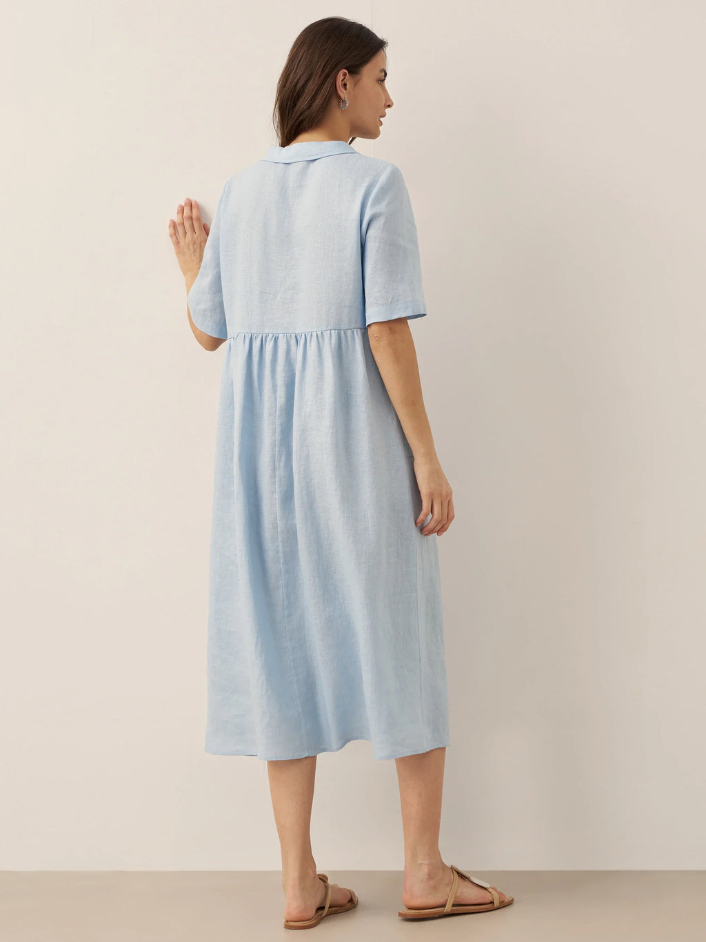 100% Linen Shawl V-Neck Pleated Midi Dress SUSAN