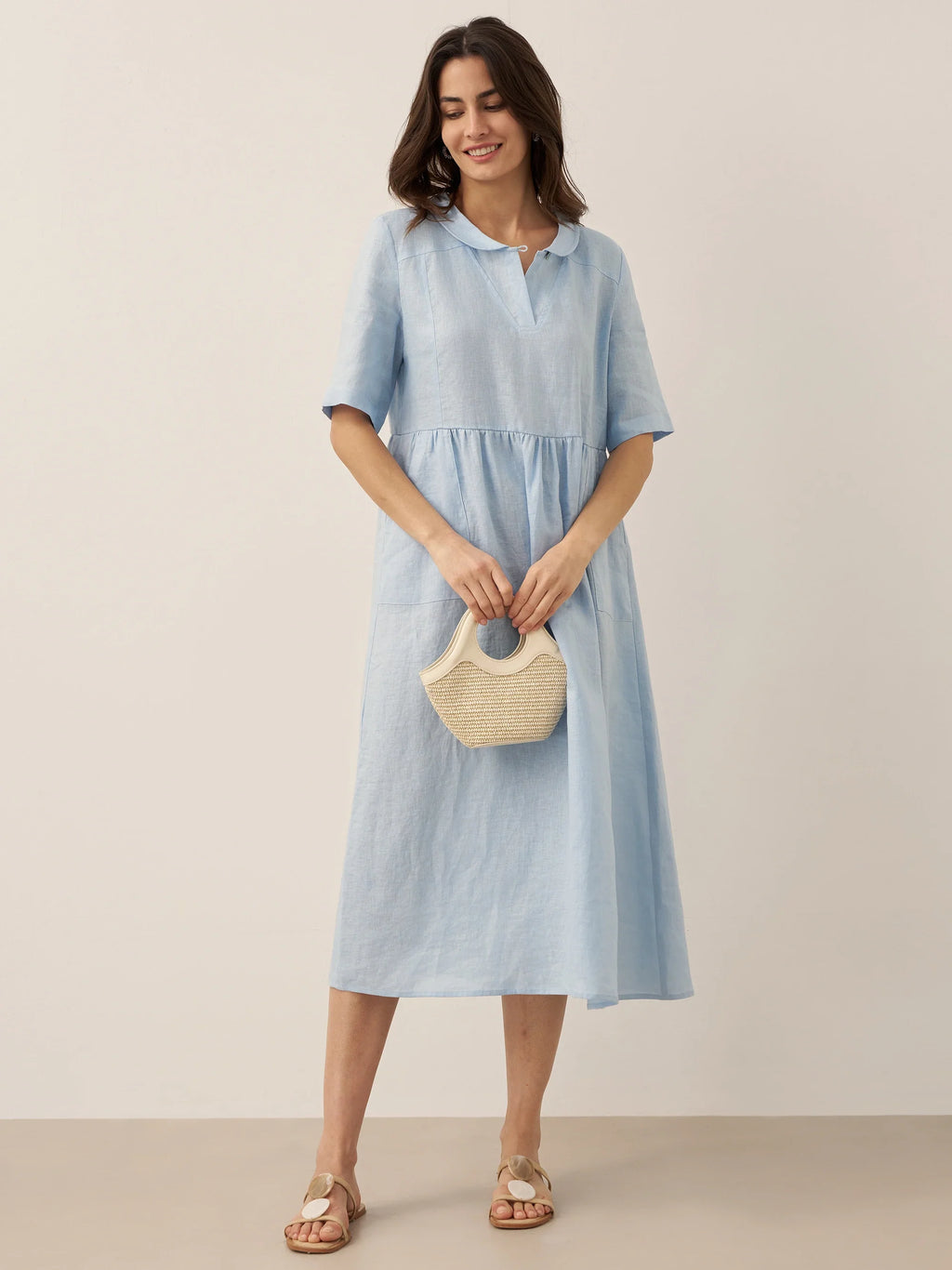 100% Linen Shawl V-Neck Pleated Midi Dress SUSAN