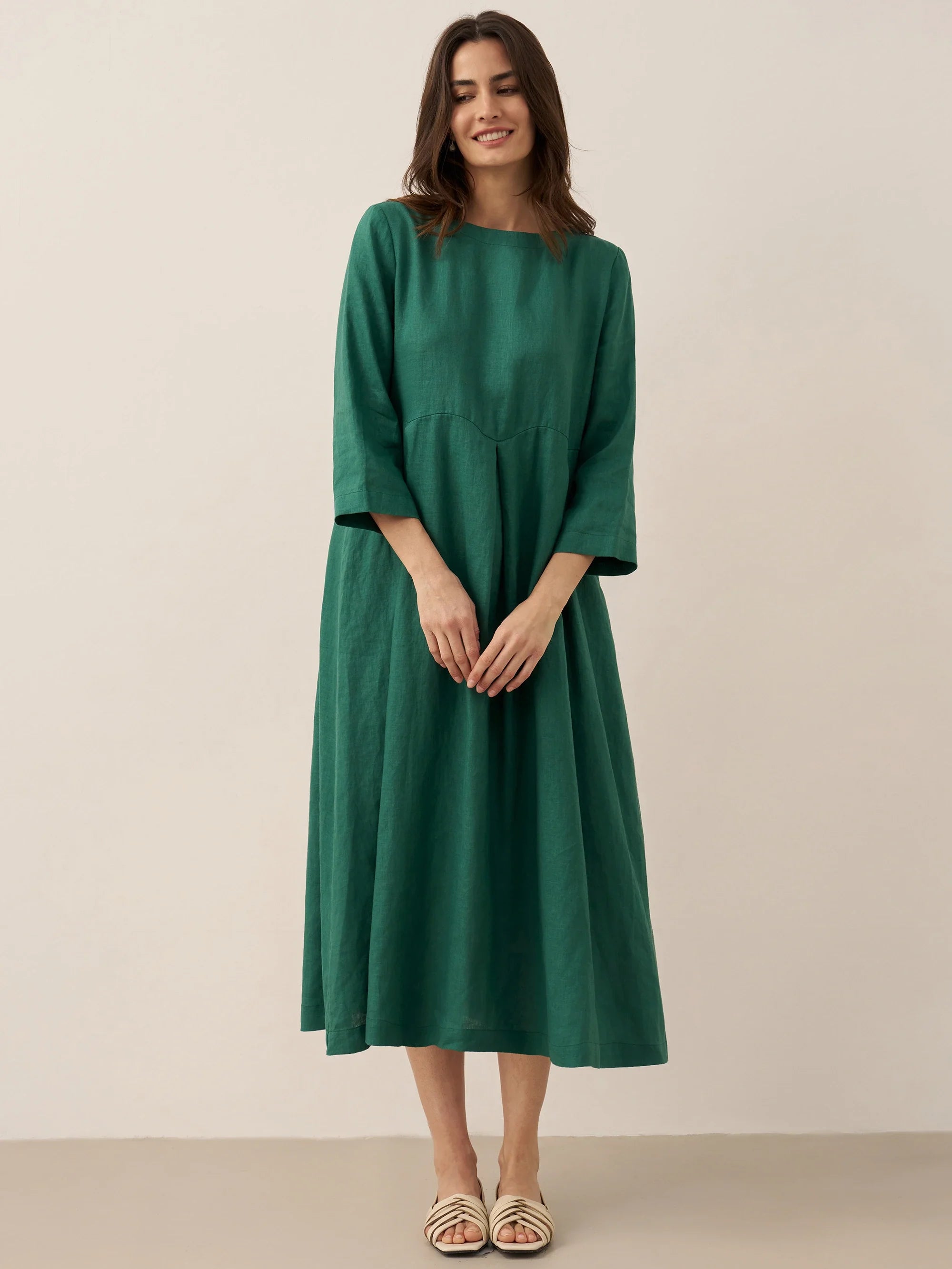 100% Linen Bateau Neck Pleated Midi Dress