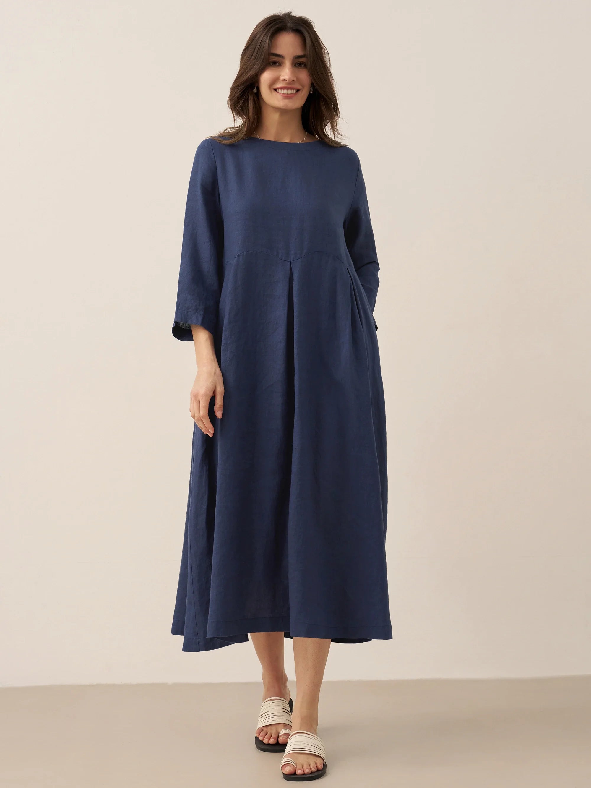 100% Linen Bateau Neck Pleated Midi Dress