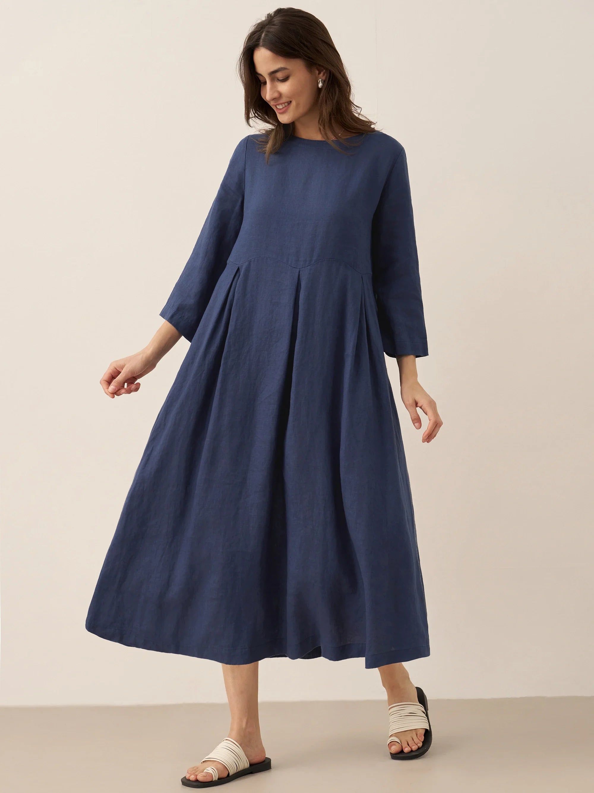 100% Linen Bateau Neck Pleated Midi Dress