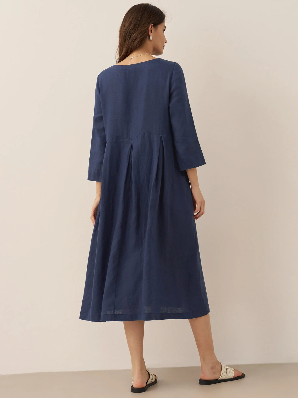 100% Linen Bateau Neck Pleated Midi Dress