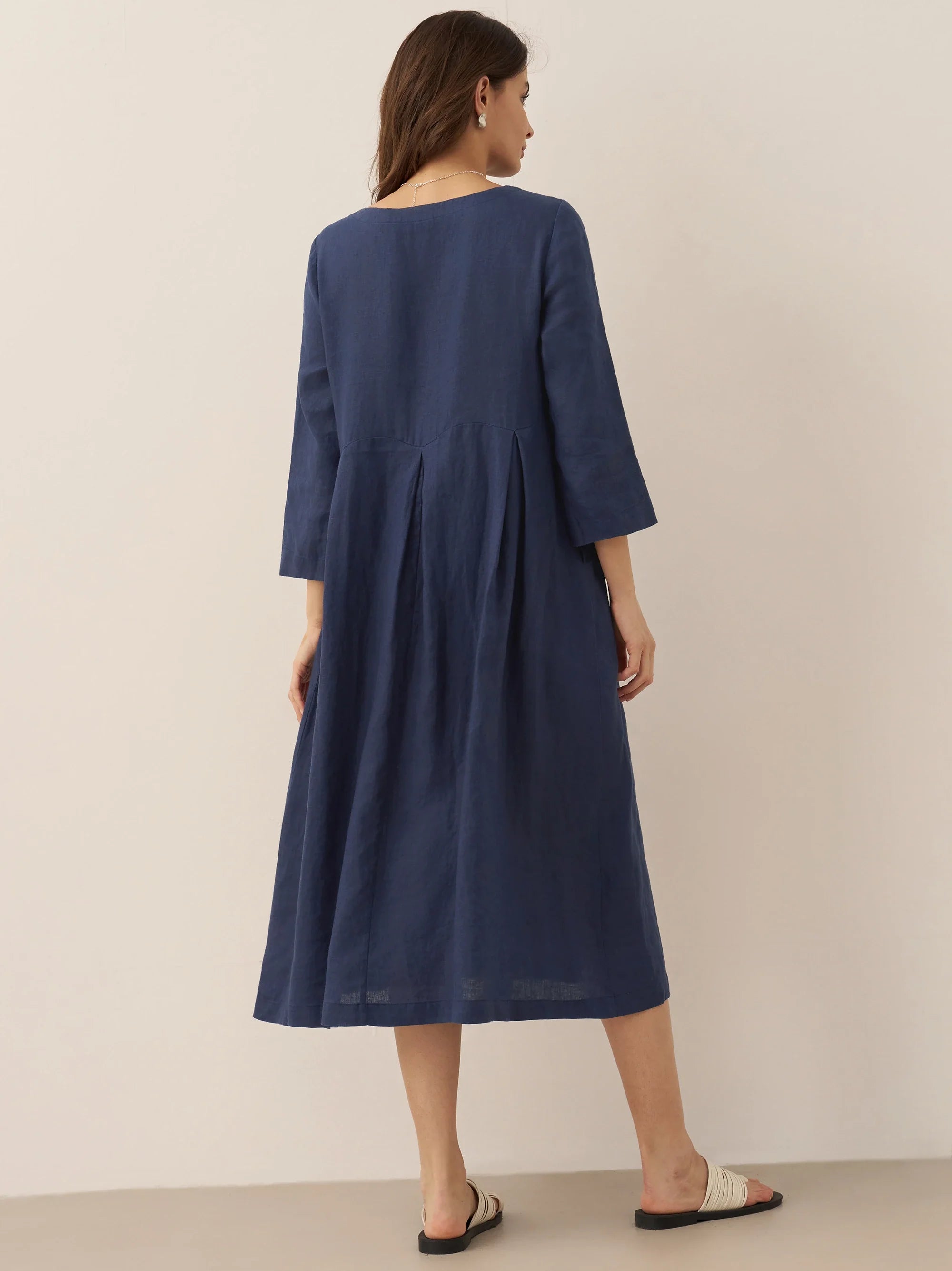 100% Linen Bateau Neck Pleated Midi Dress