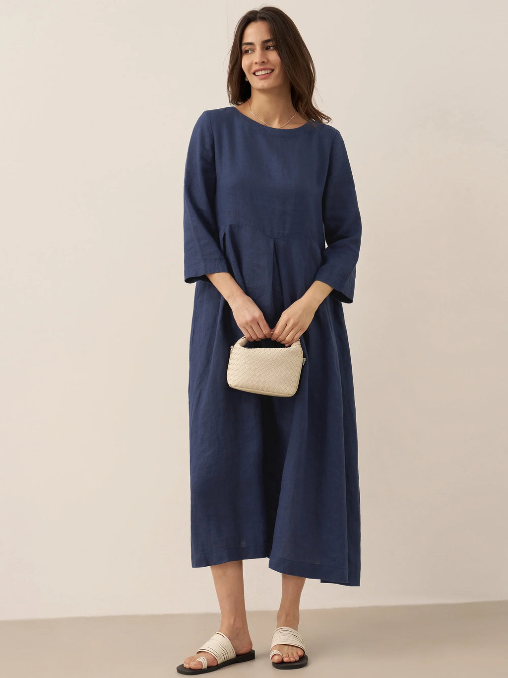 100% Linen Bateau Neck Pleated Midi Dress