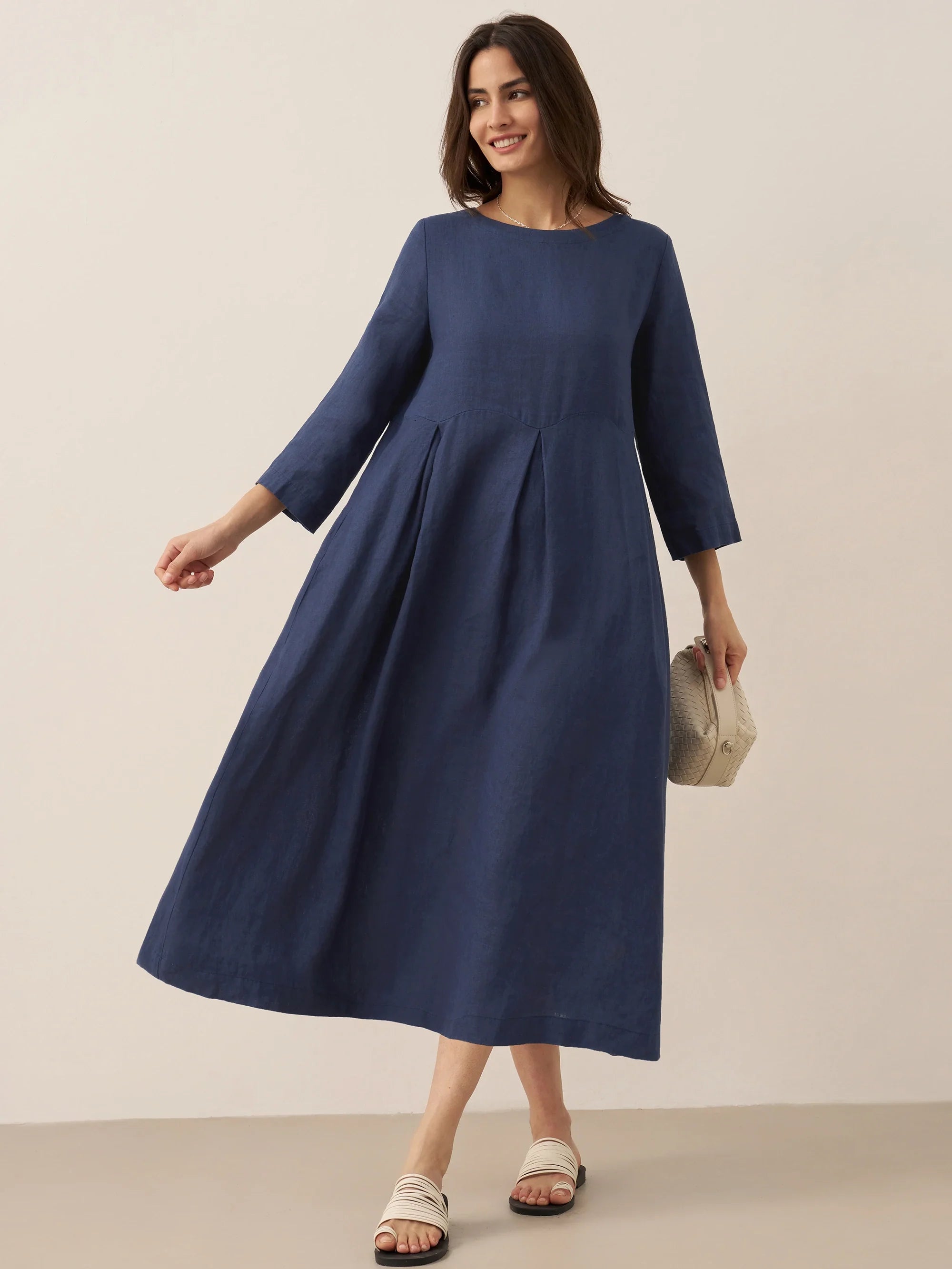100% Linen Bateau Neck Pleated Midi Dress