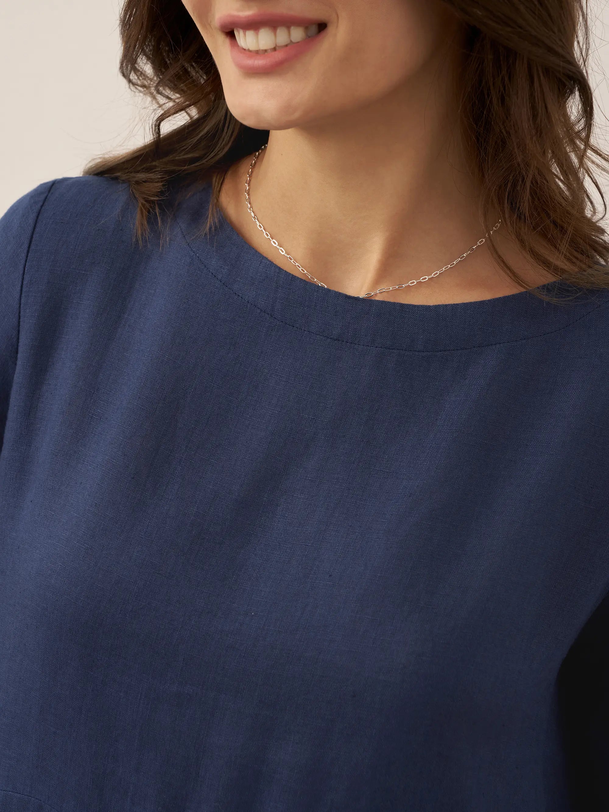 100% Linen Bateau Neck Pleated Midi Dress