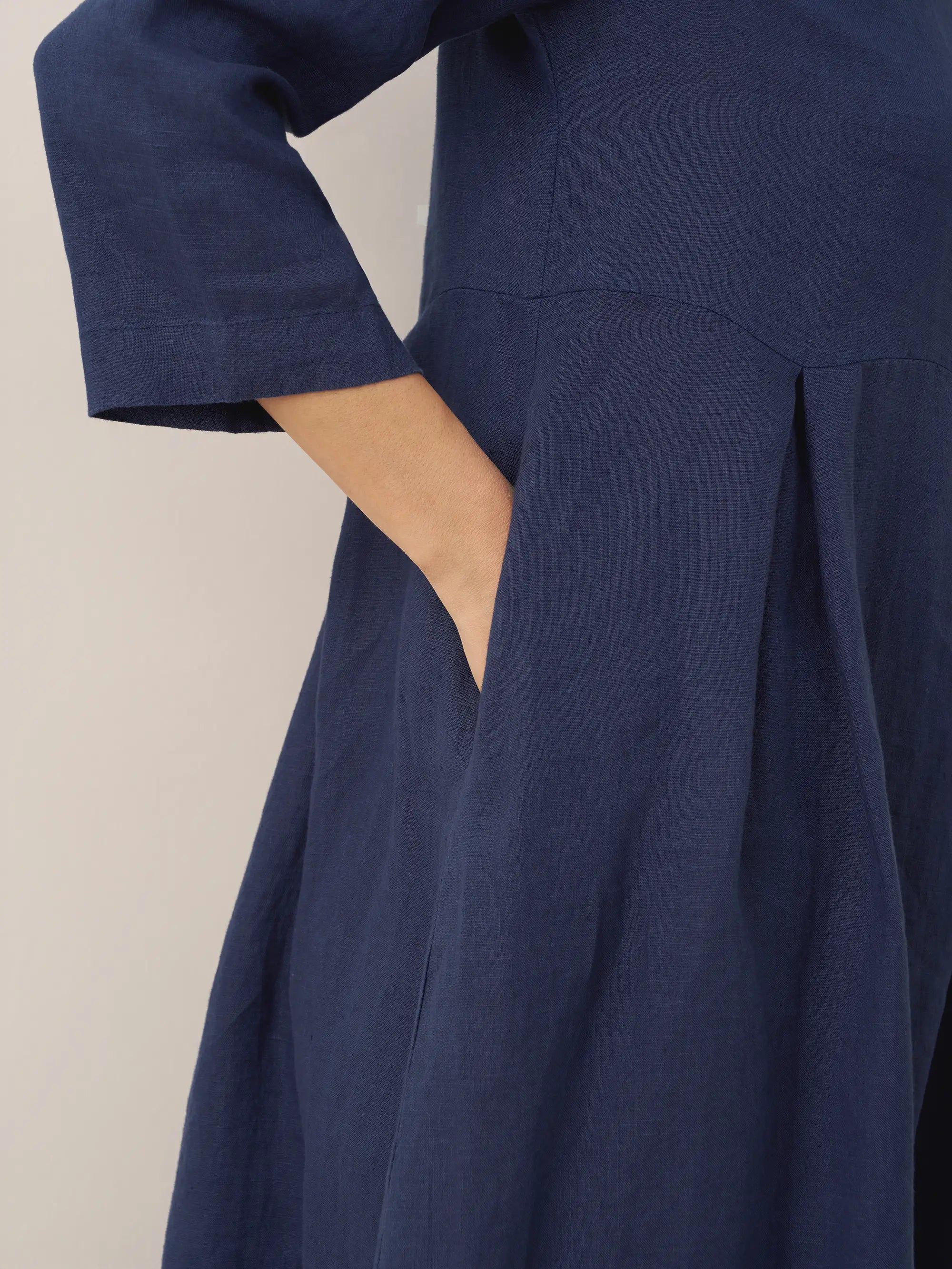 100% Linen Bateau Neck Pleated Midi Dress