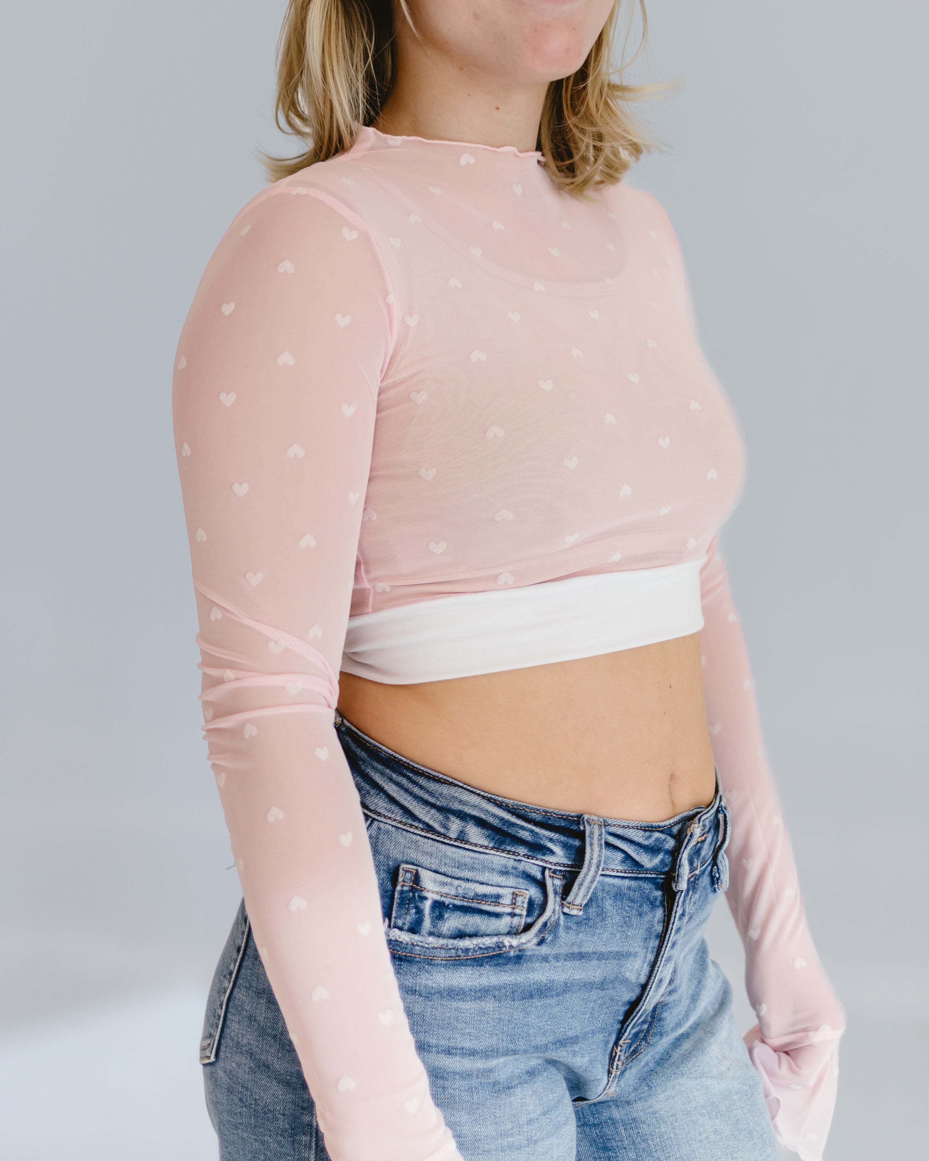 Heart Mesh Mock Neck Halftee