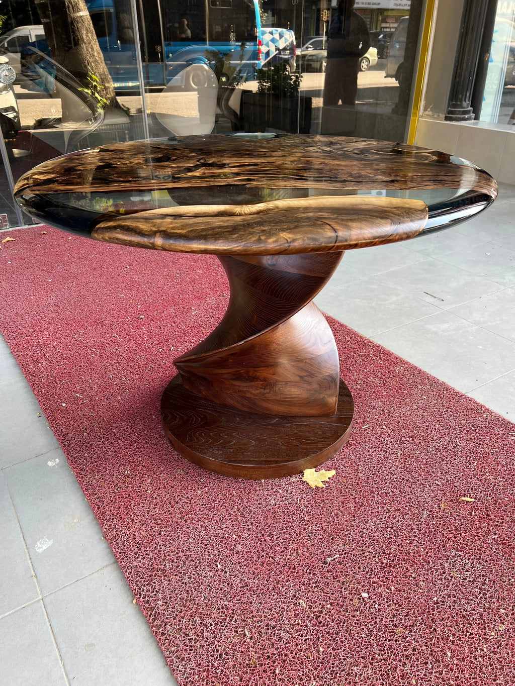 Round Epoxy Resin Table with Wooden Vortex Base Made of Walnut