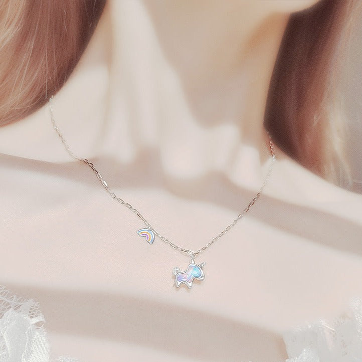 s925 silver fantasy rainbow unicorn necklace women's light luxury high-end collarbone chain
