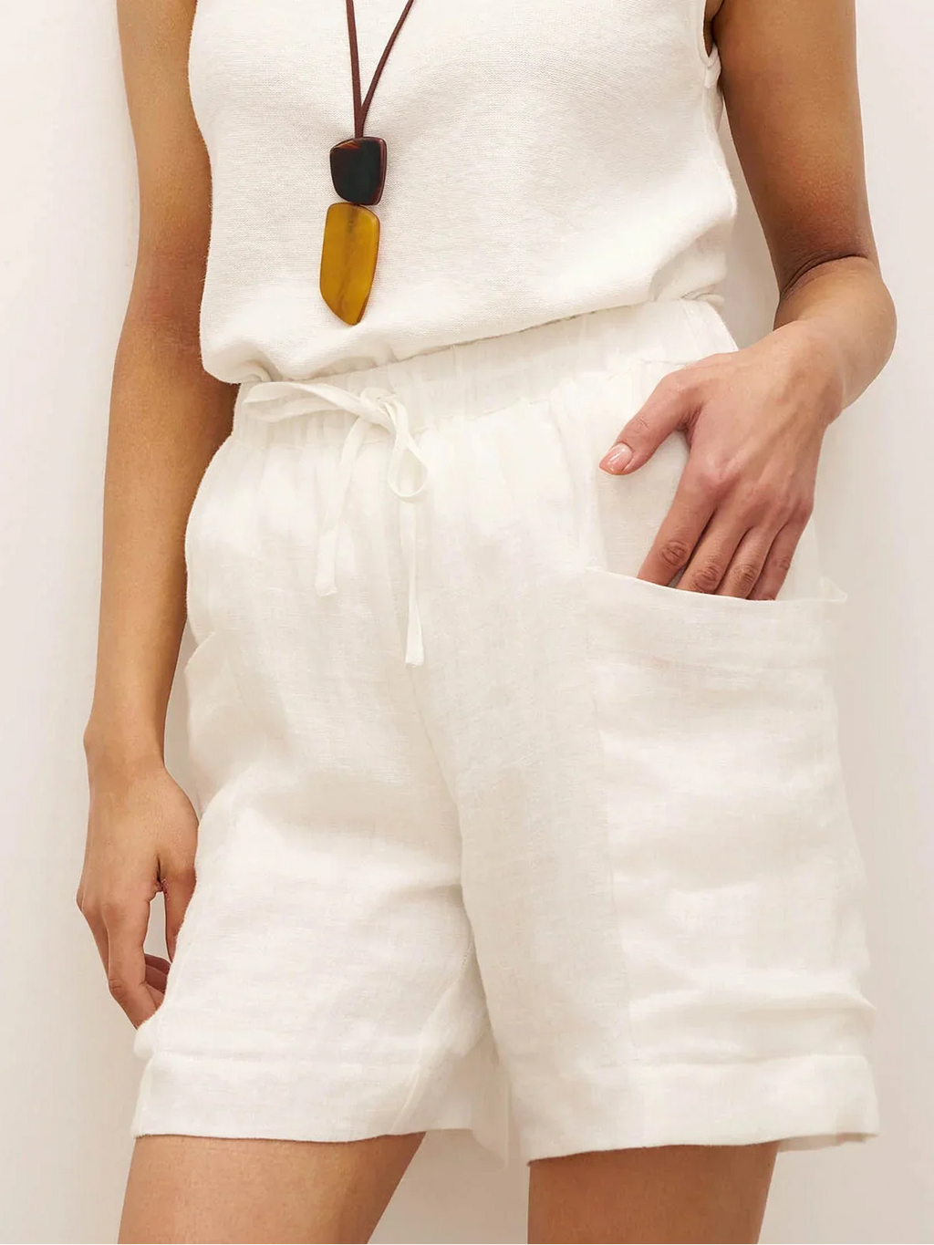100% Linen Elastic Waist Drawstring Shorts with Pockets DELILAH