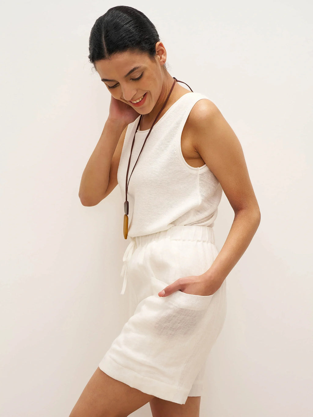 100% Linen Elastic Waist Drawstring Shorts with Pockets DELILAH