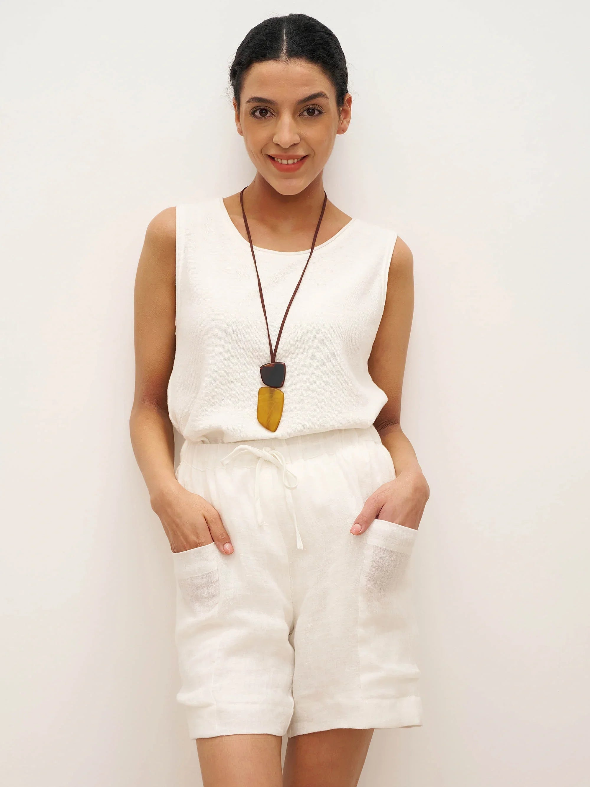 100% Linen Elastic Waist Drawstring Shorts with Pockets DELILAH