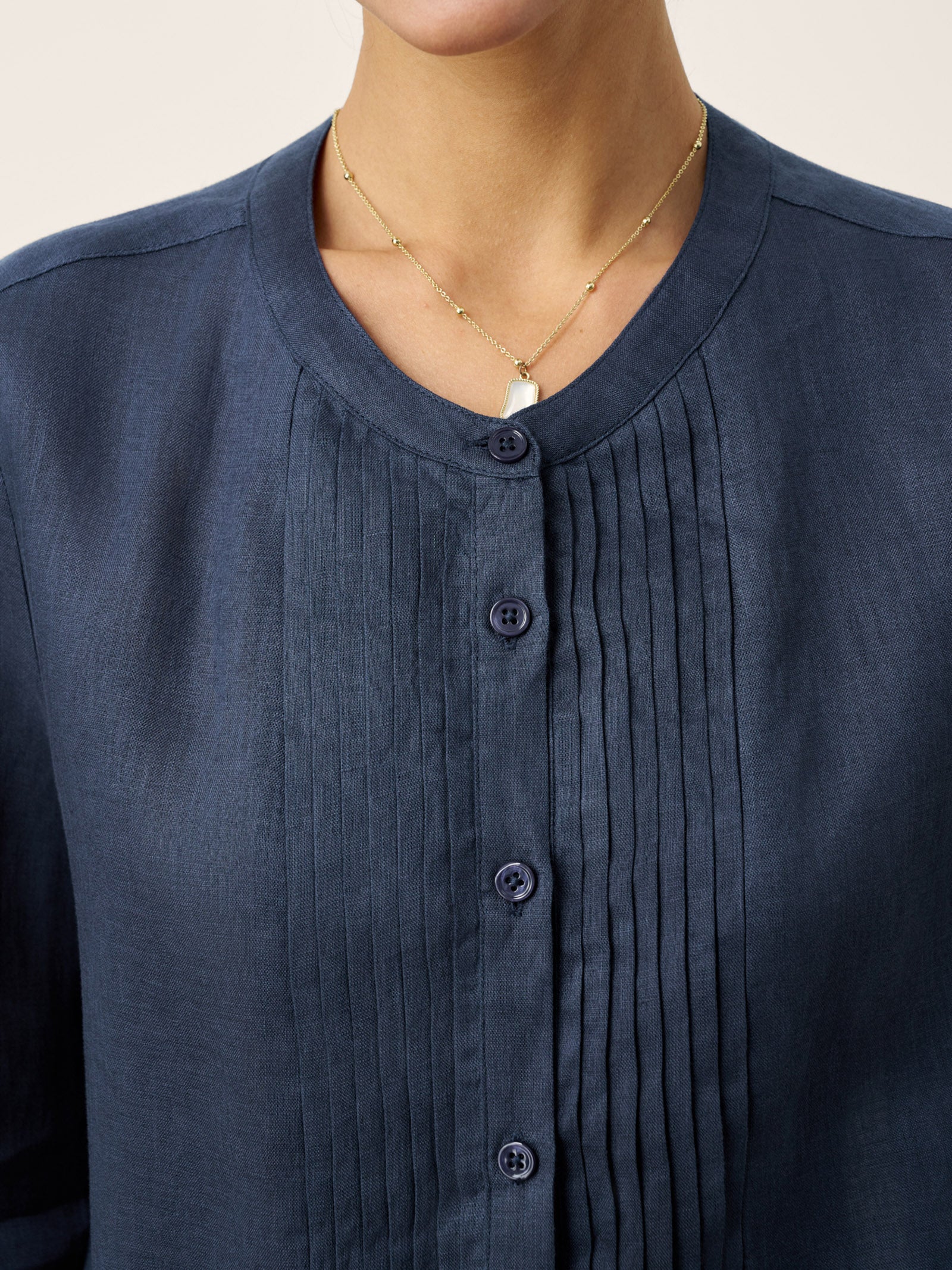 100% Linen Sculpted Accordion Pleat Crew Neck Shirt RANA
