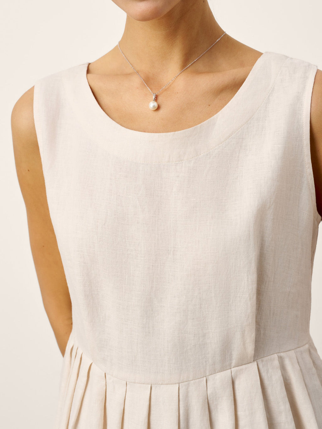 100% Linen Sleeveless Crew Neck Waist Pleated Midi Dress SELENE