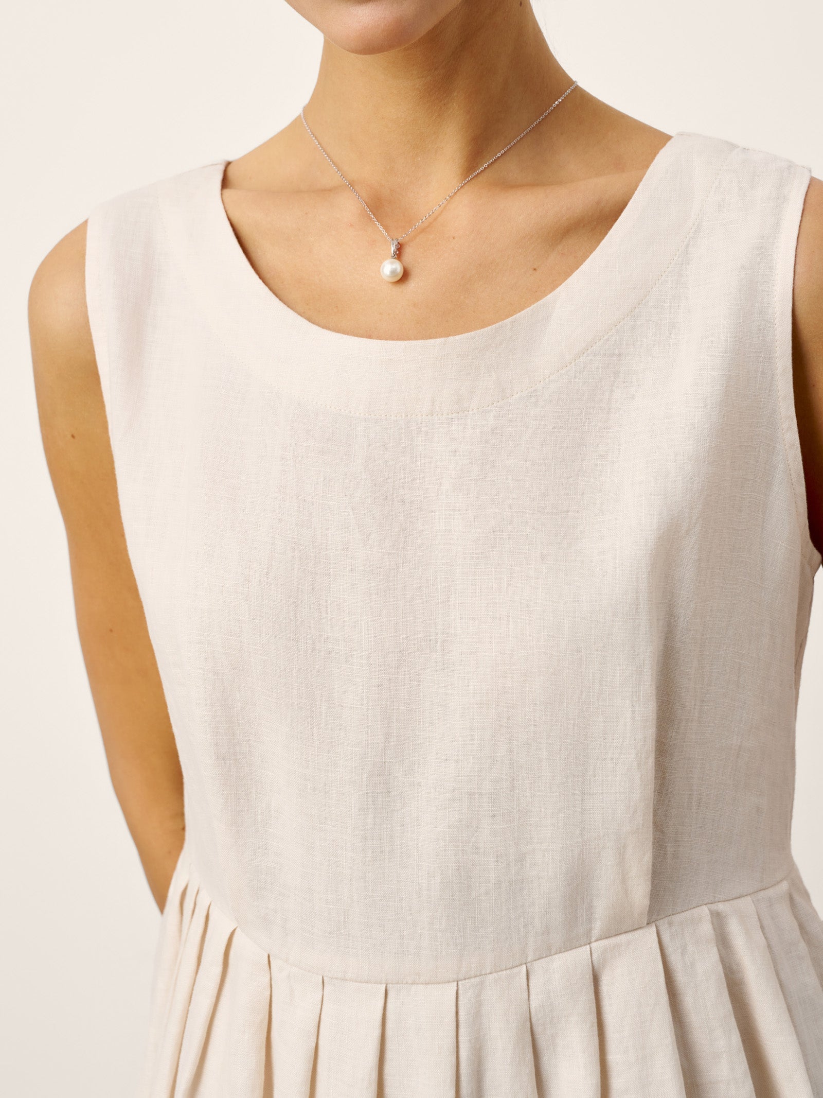100% Linen Sleeveless Crew Neck Waist Pleated Midi Dress SELENE