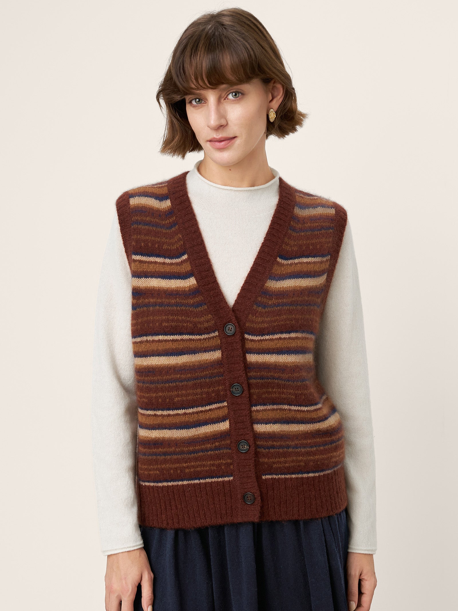 Mongolian Cashmere and Mulberry Silk Colorblock Stripe Button-Front Vest SOPHIE