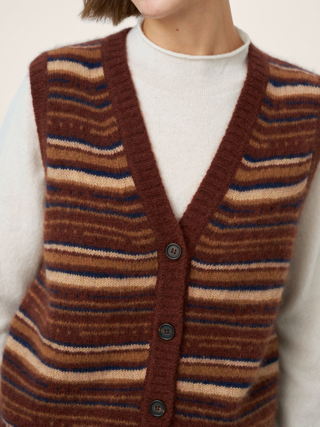 Mongolian Cashmere and Mulberry Silk Colorblock Stripe Button-Front Vest SOPHIE