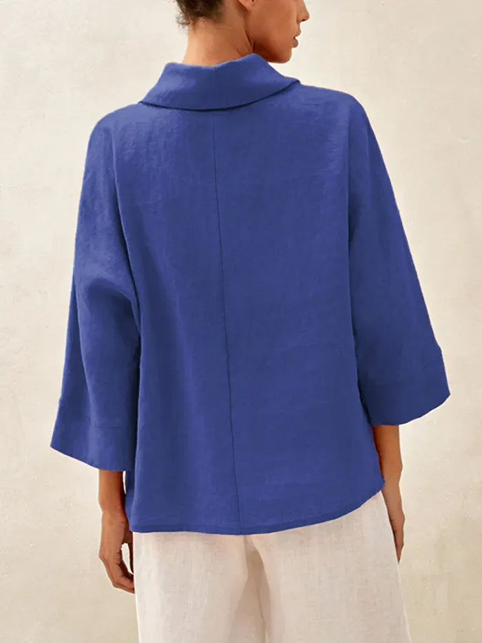 100% Linen Dropped Collar Long-Sleeve Top TRISTAN