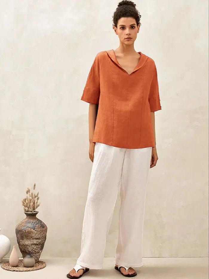 Linen V Neck Short Sleeve Shirt SIERRA