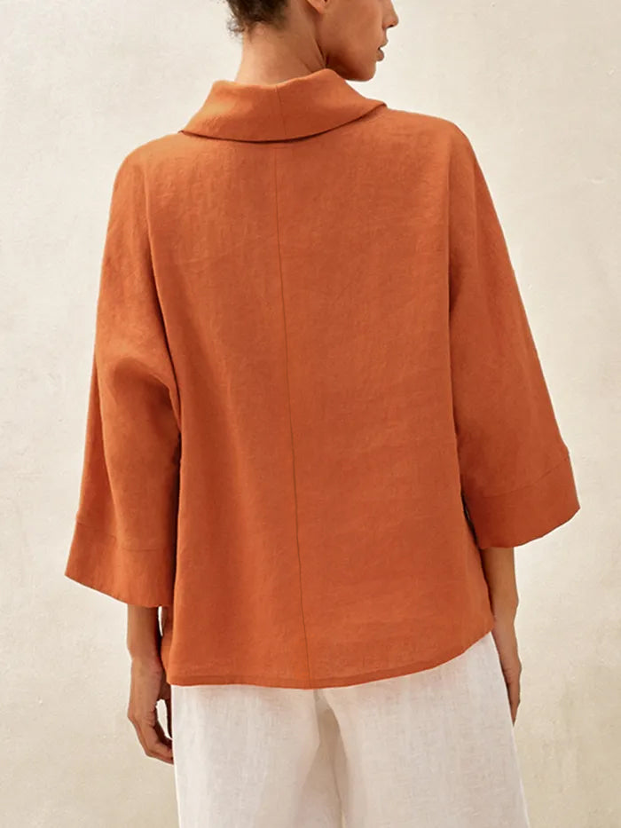100% Linen Dropped Collar Long-Sleeve Top TRISTAN