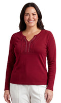Women's Open Crochet V-Neck Knit Top with Jewel Trim