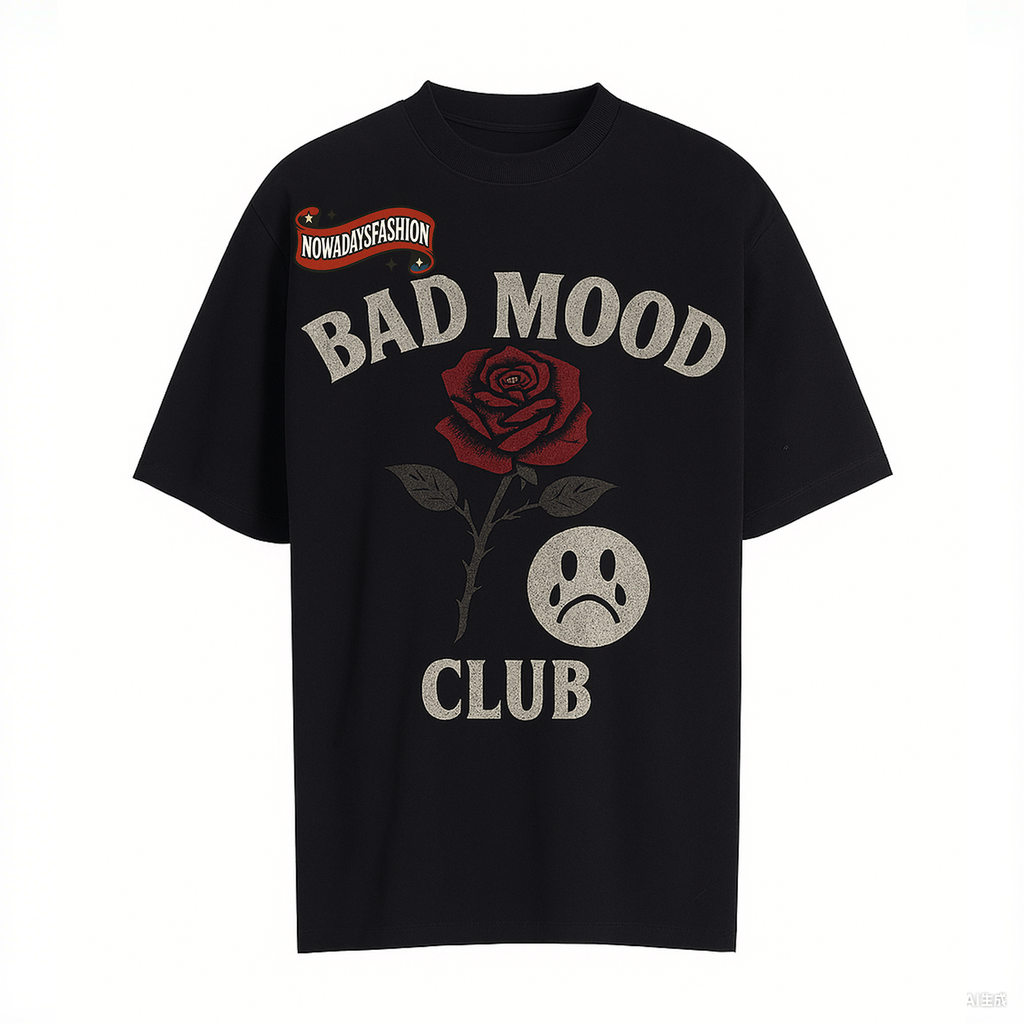 Unisex BAD MOOD CLUB Graphic T-Shirt – Sad Face & Rose Dark Streetwear Tee