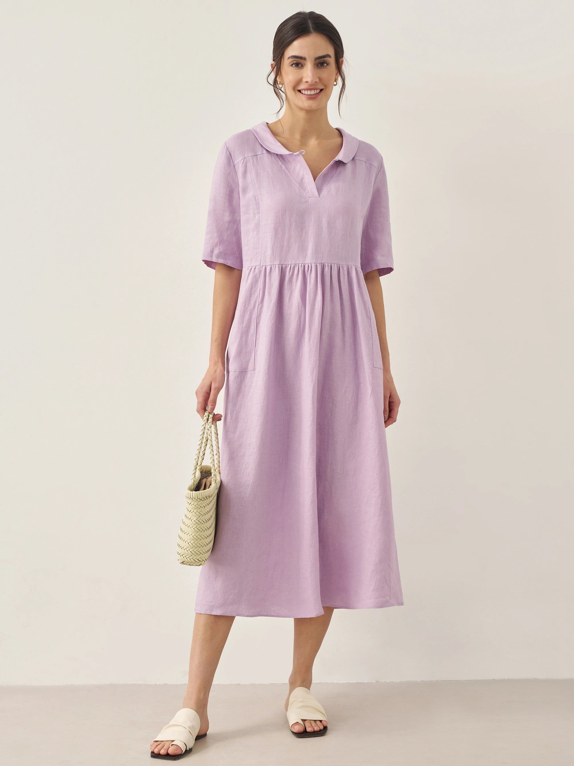 100% Linen Shawl V-Neck Pleated Midi Dress SUSAN