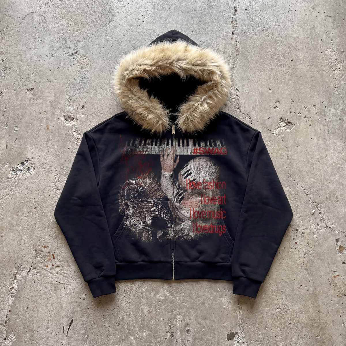 Keys Furr Black Cropped 400GSM Zip-Up Hoodie Streetwear Graphic Y2K Unisex Cotton