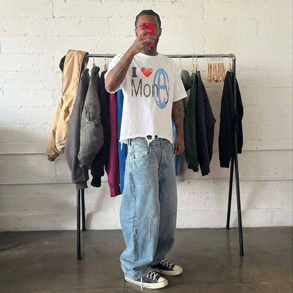 Luv Money White Distressed Hem Washed Shirt Streetwear Cotton 240GSM DTG Print Tee