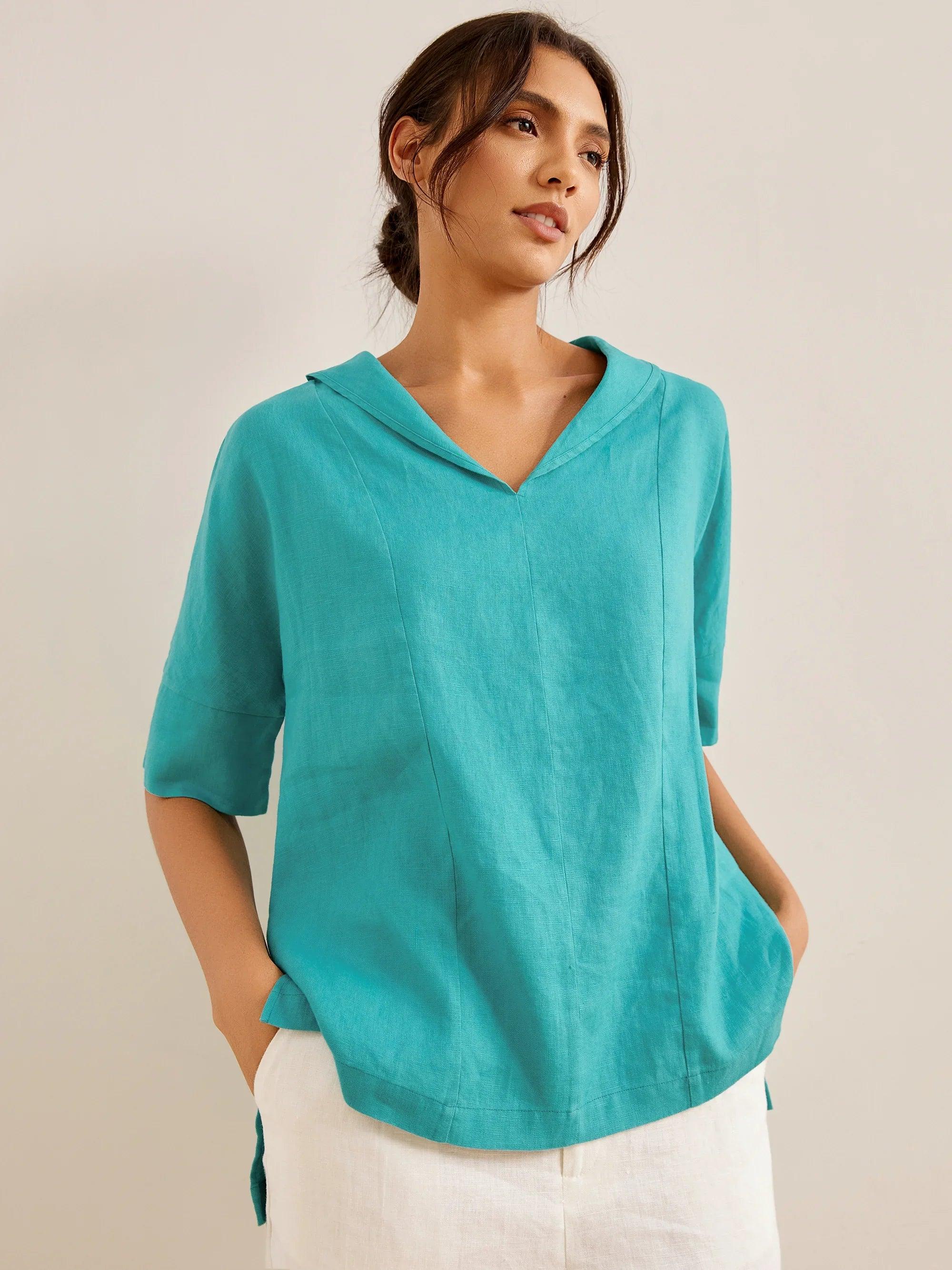 Linen V Neck Short Sleeve Shirt SIERRA