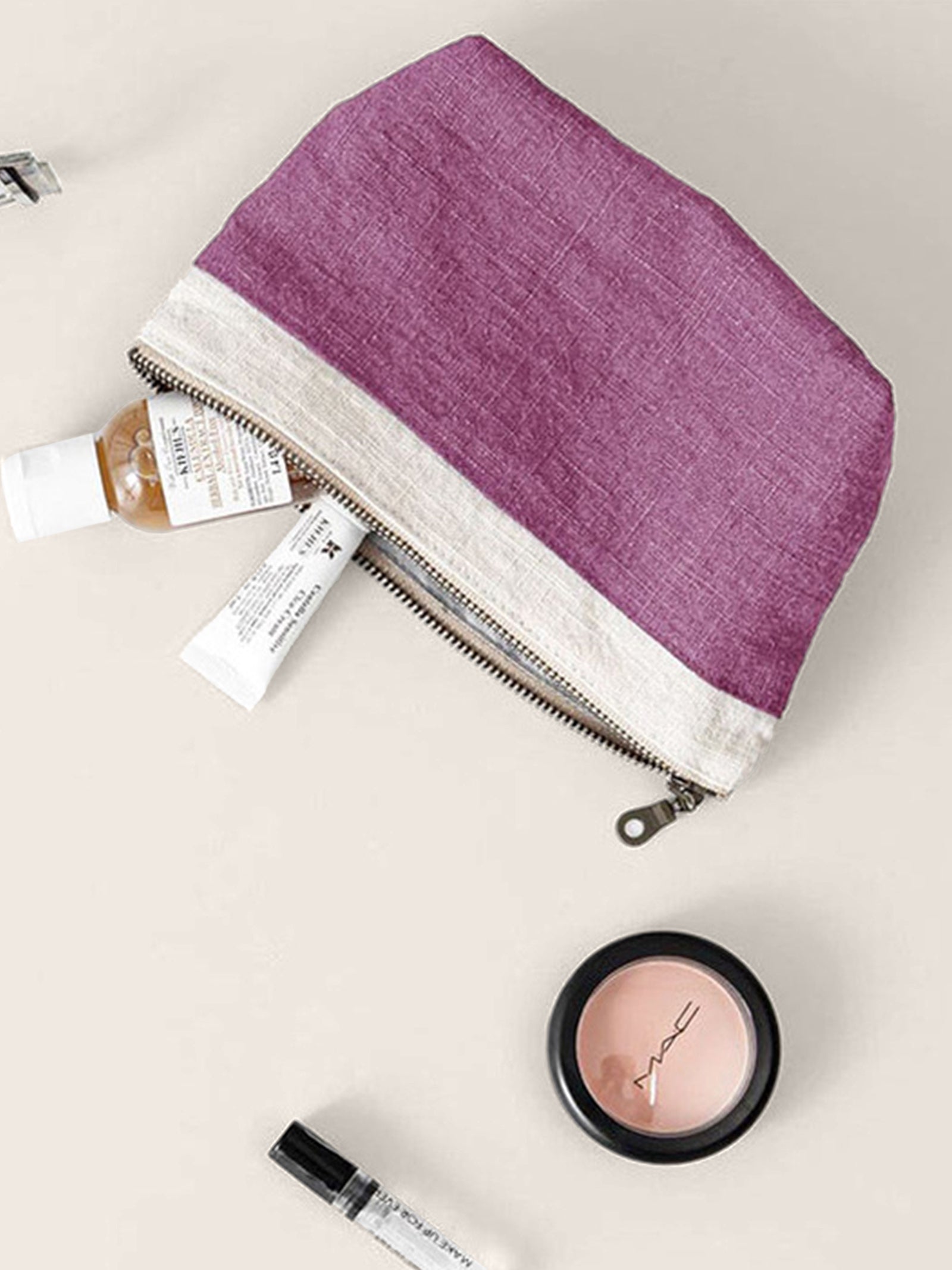 100% Linen Color-Block Zipper Storage Bag