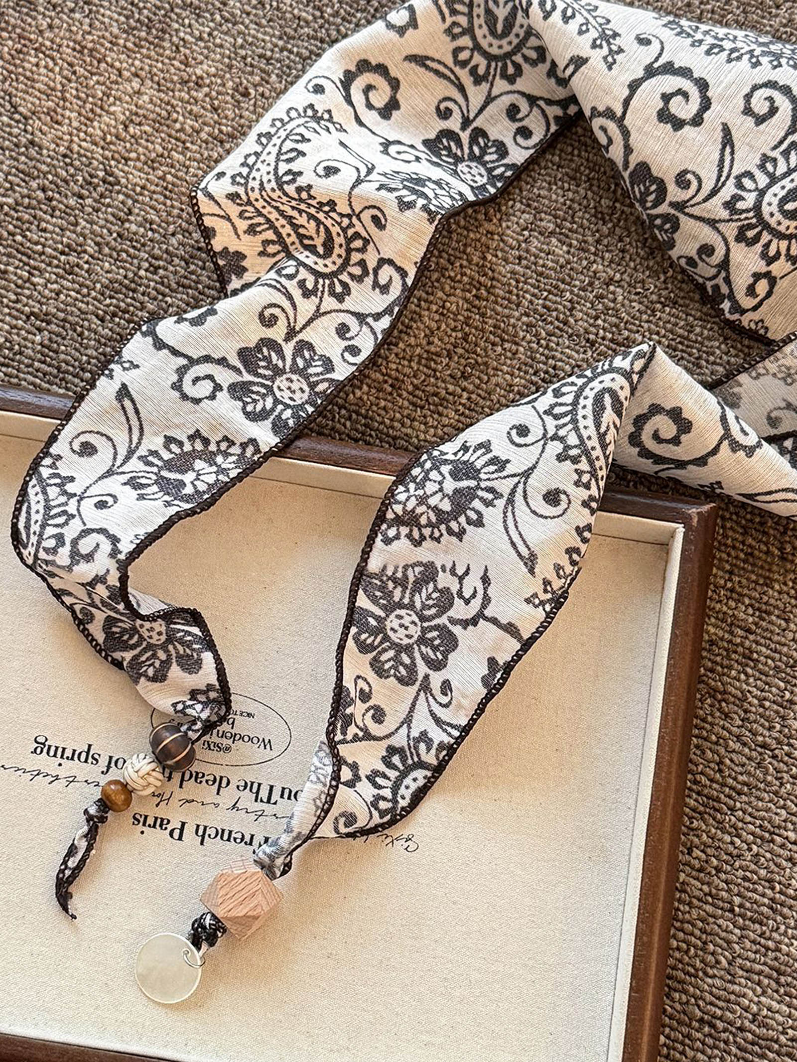 Multi-Functional Floral Satin Scarf With Jade Bead Accents