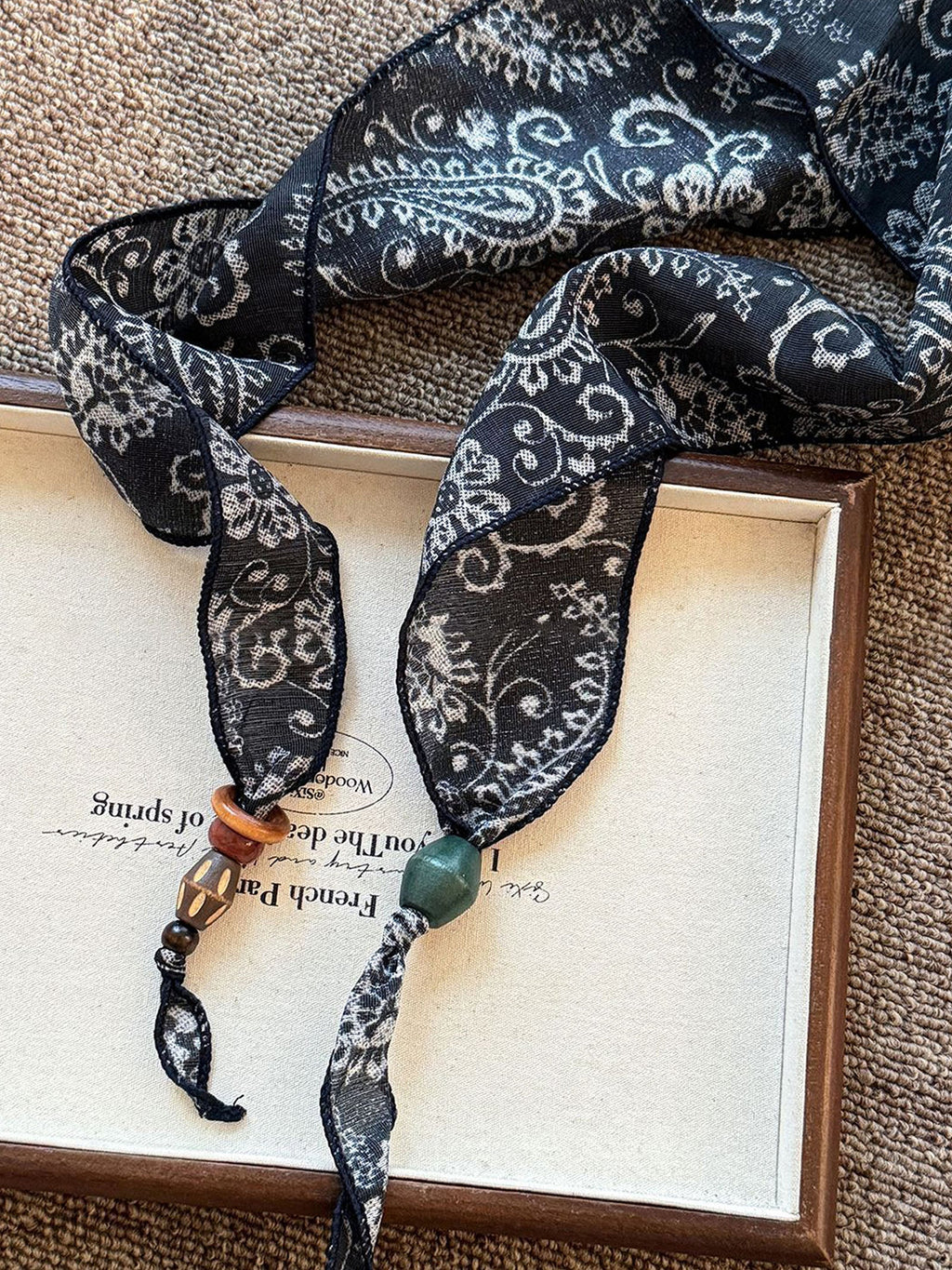 Multi-Functional Floral Satin Scarf With Jade Bead Accents