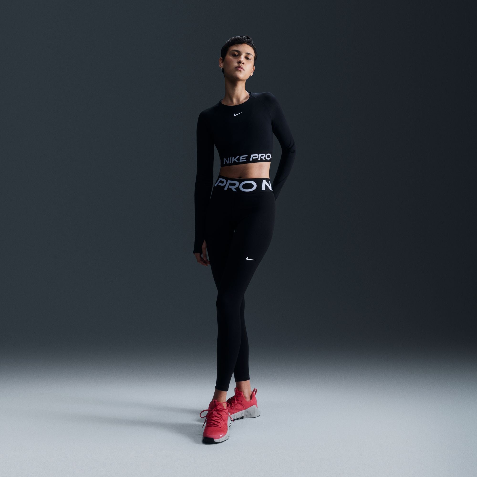 Nike Womens Pro Cropped Long Sleeve - Black White