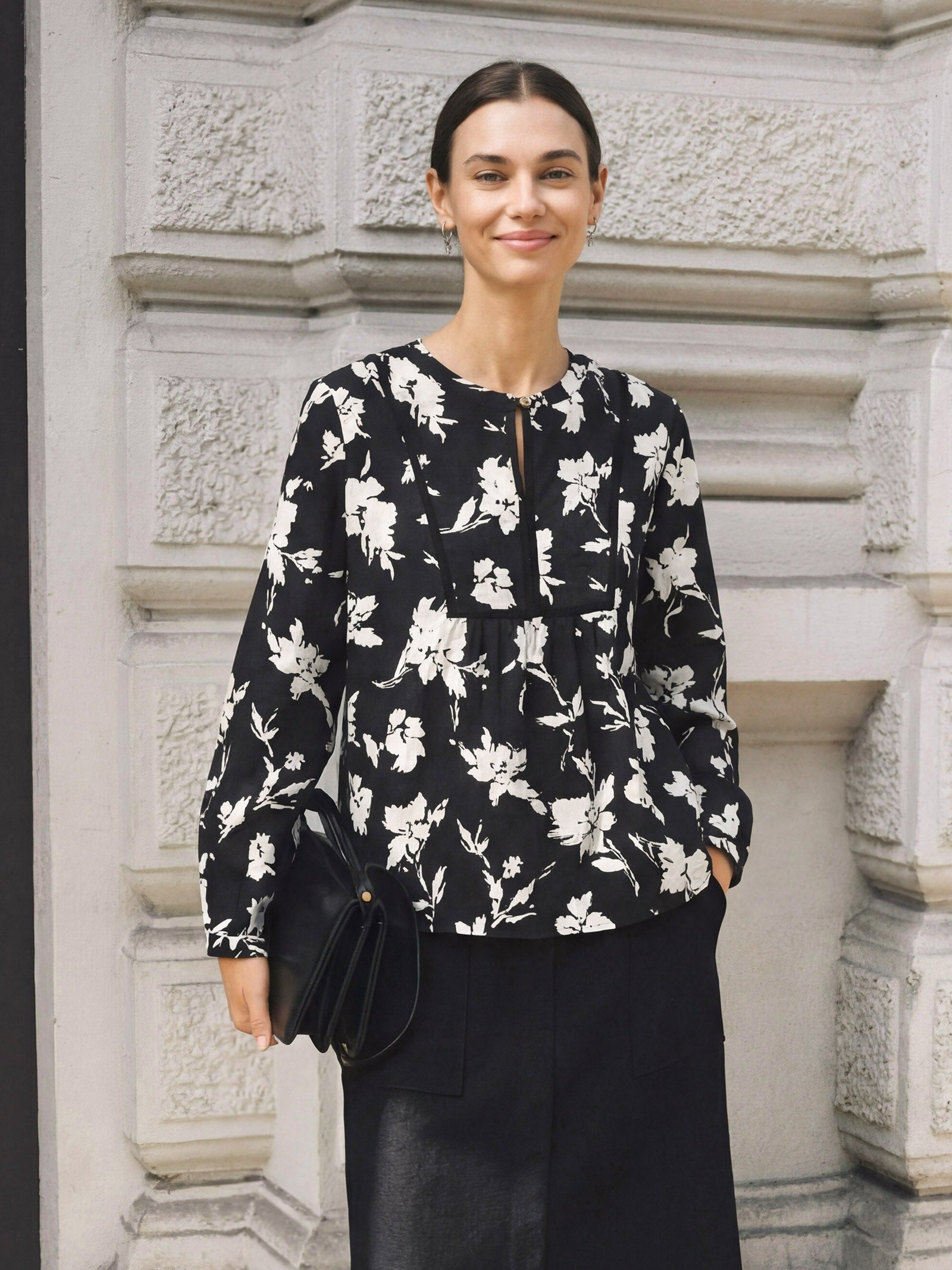 100% Linen Floral Printed Gathered Pullover Top AMIYA