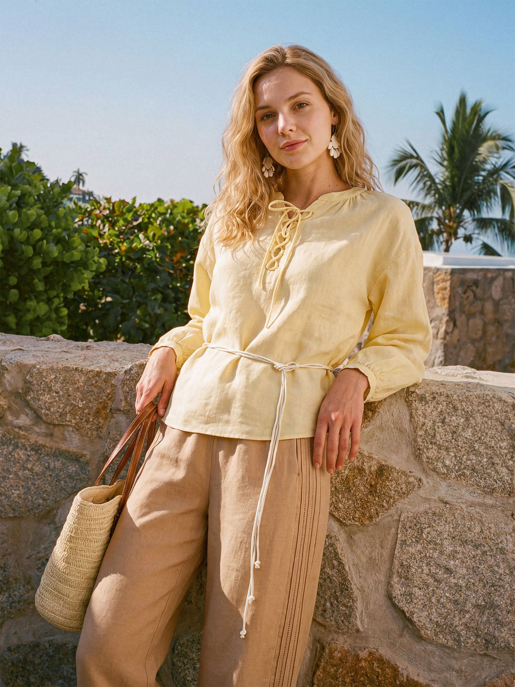 100% Linen Lace-Up Shirred Lantern Sleeve Blouse DOROTHEA