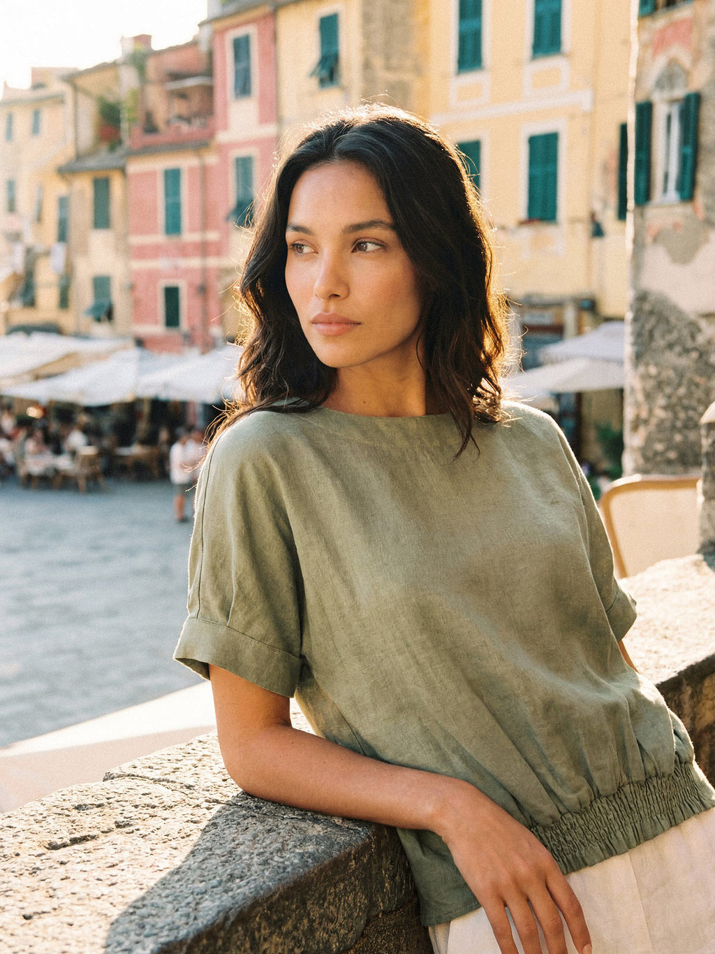 100% Linen Drop Shoulder Split-Back Double Shirred Hem Top LINDSEY