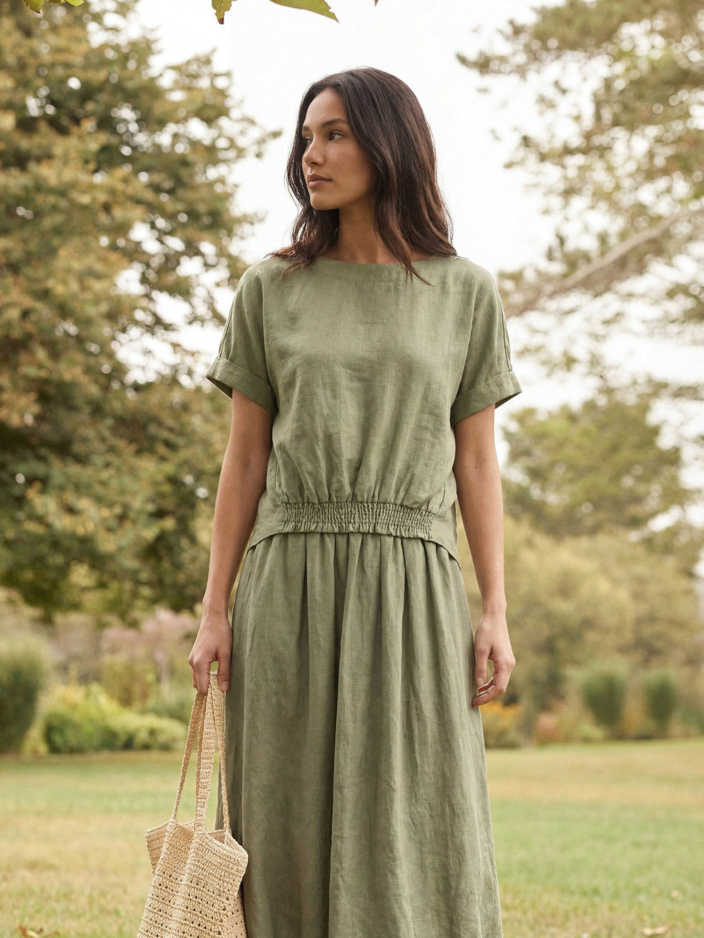 100% Linen Drop Shoulder Split-Back Double Shirred Hem Top LINDSEY