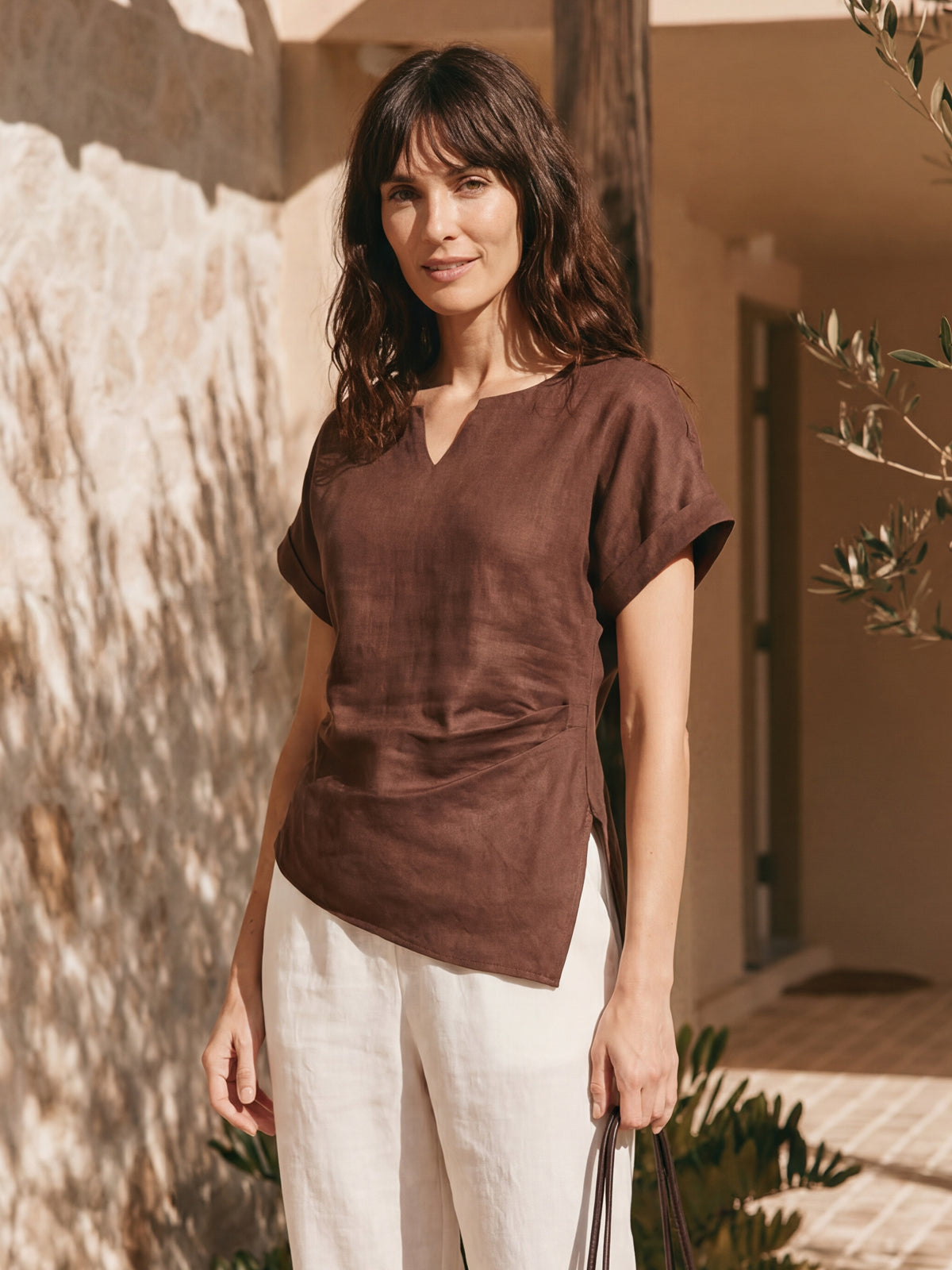 100% Linen Asymmetric Hem Side Gathered Split-Neck Top MINERVA