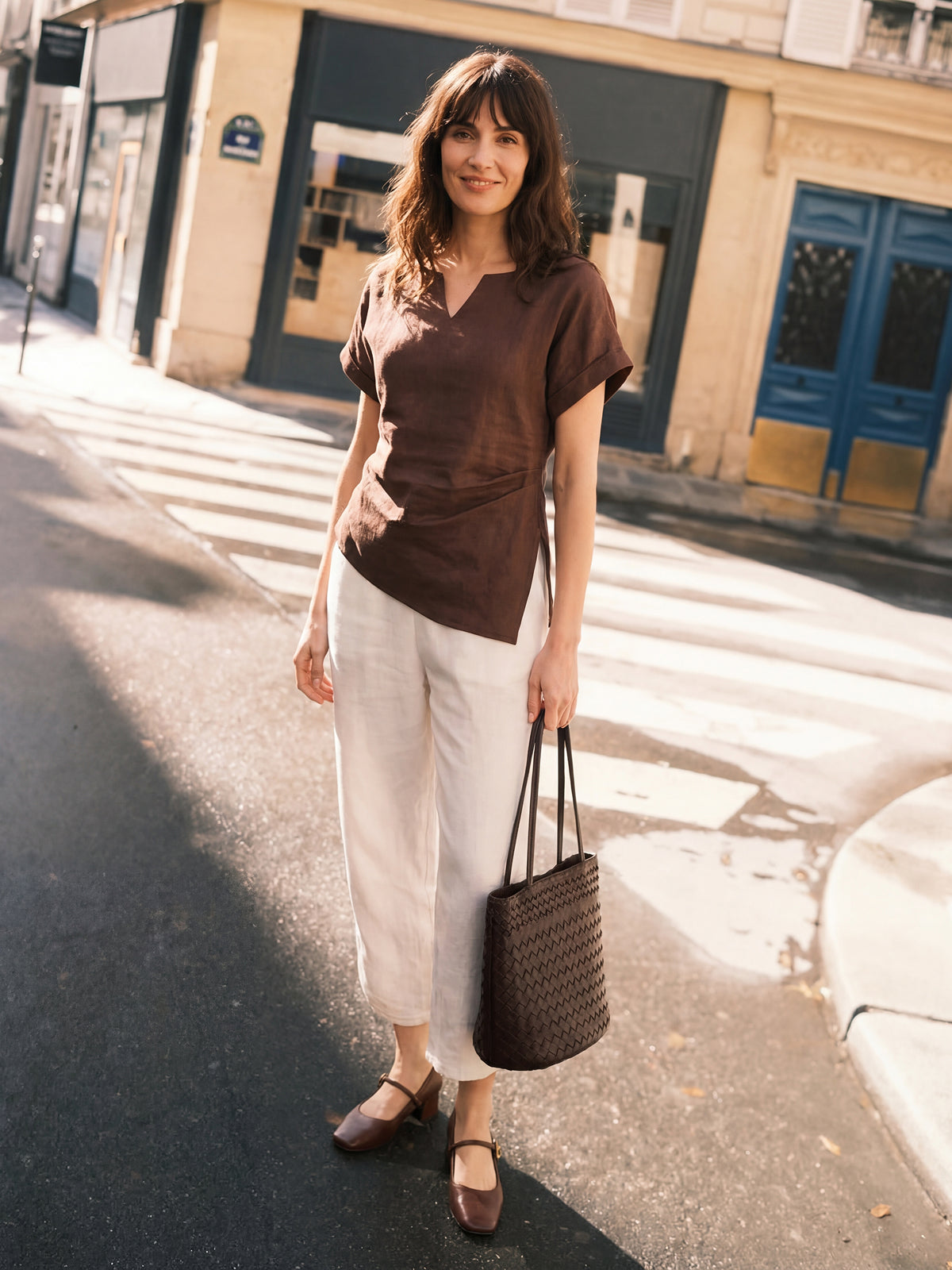 100% Linen Asymmetric Hem Side Gathered Split-Neck Top MINERVA