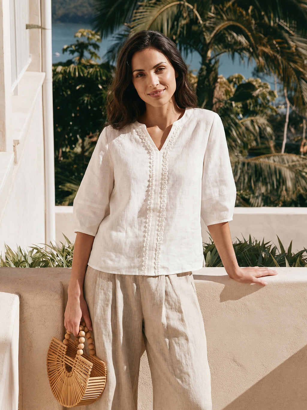 100% Linen Lace Trim Lantern Sleeve V-Neck Top LIVIAN