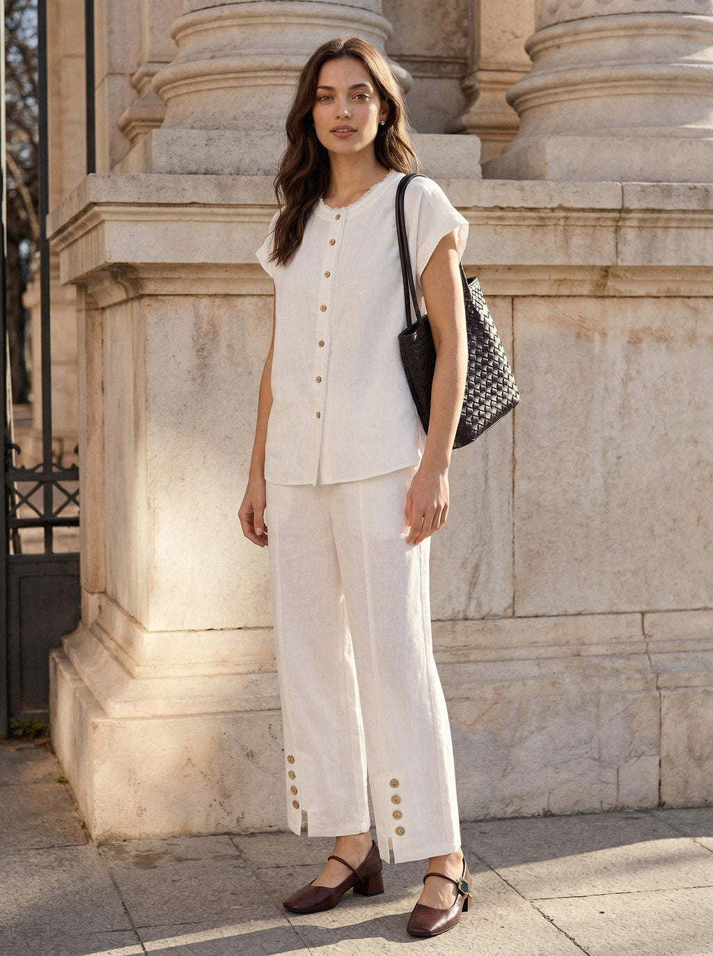 100% Linen Frayed-Trim Drop-Shoulder Top INDIRA