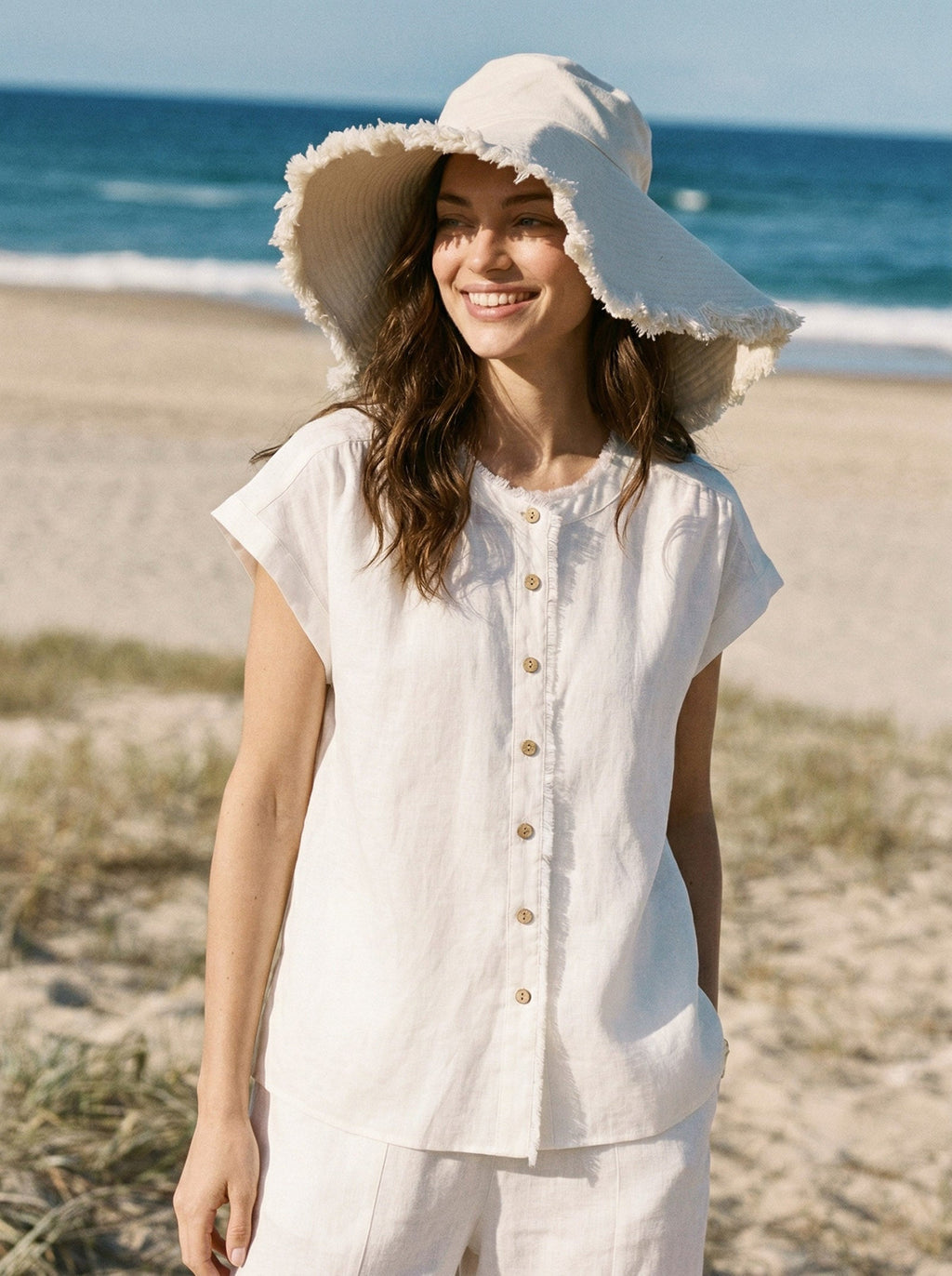 100% Linen Frayed-Trim Drop-Shoulder Top INDIRA