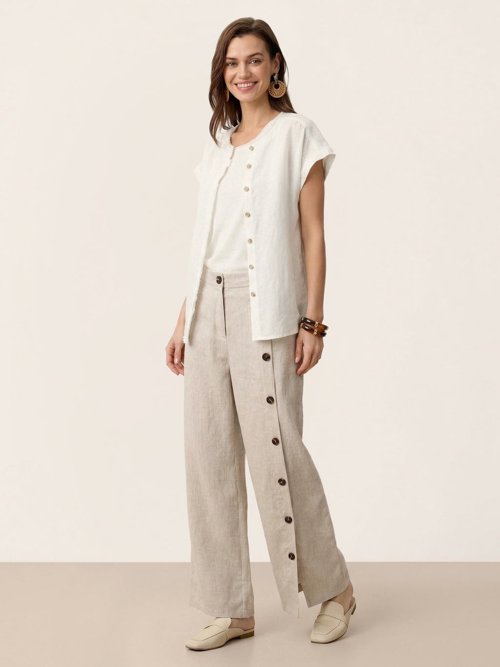 100% Linen Frayed-Trim Drop-Shoulder Top INDIRA